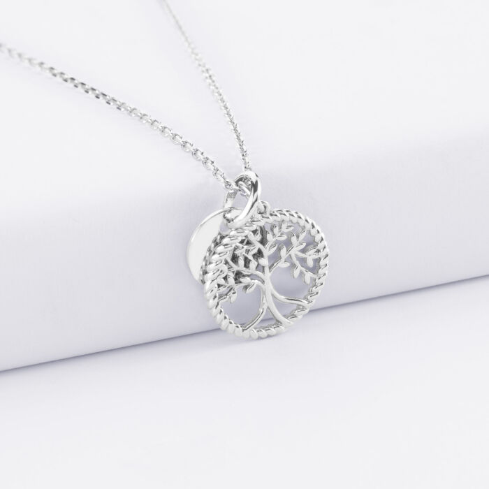 Pendentif personnalisé médaille gravée argent 10 mm et breloque arbre de vie contour torsadé 16 mm - face