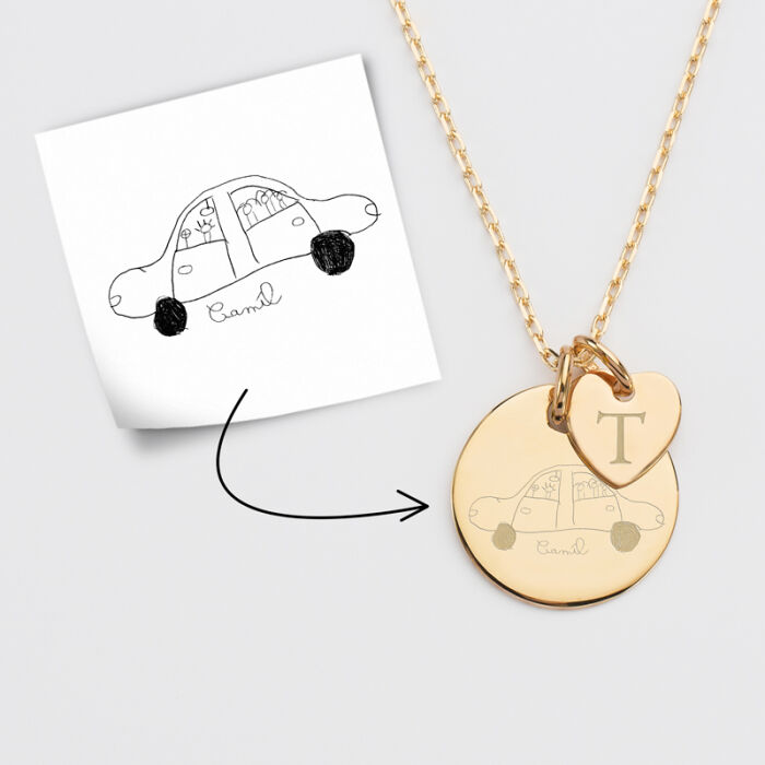 Pendentif personnalisé médaille gravée plaqué or 19 mm et breloque coeur 10 mm - tutoriel