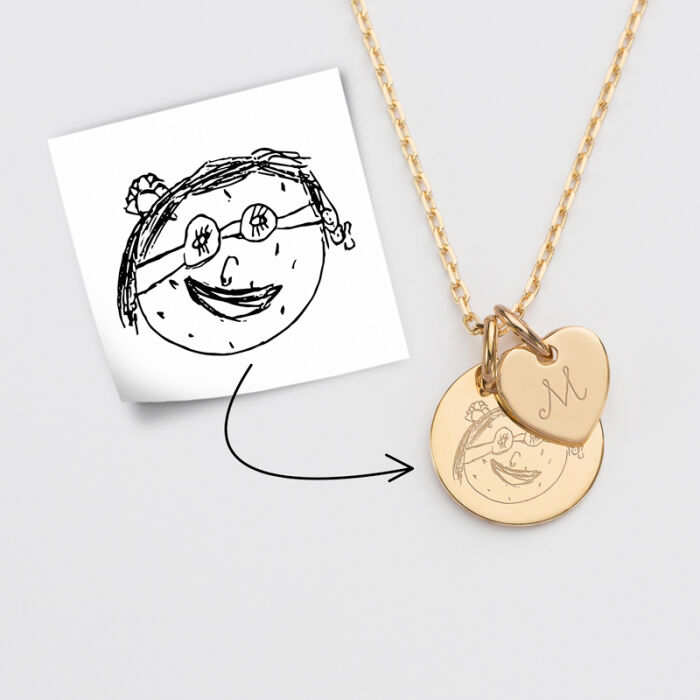 Pendentif personnalisé médaille gravée plaqué or 15 mm et breloque coeur 10 mm tutoriel