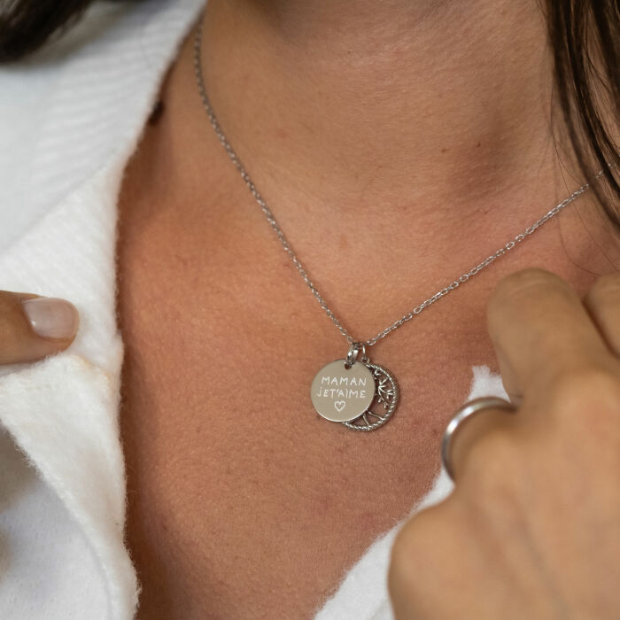 Pendentif personnalisé médaille gravée argent 15 mm et breloque arbre de vie contour torsadé 16 mm - écrits