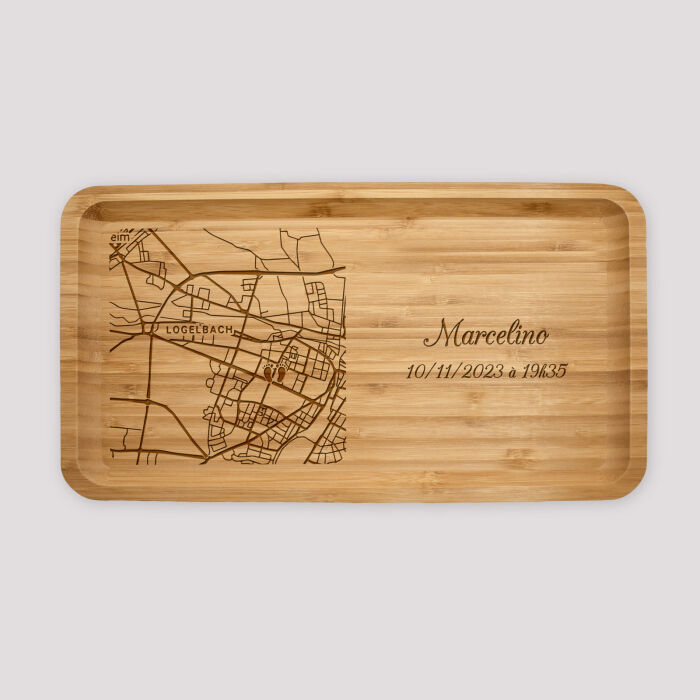 Plateau "Géo map" personnalisé bois gravé 35x20 cm - Marcelino