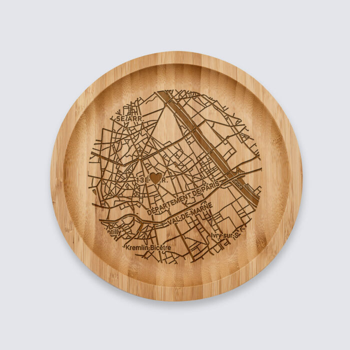 Plateau rond "Géo map" personnalisé bois gravé 20x20 cm - Département de Paris