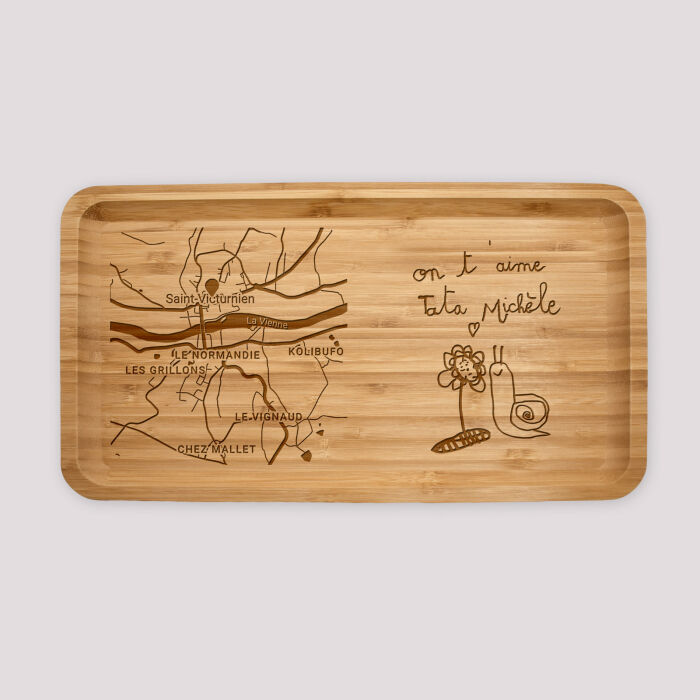Plateau "Géo map" personnalisé bois gravé 35x20 cm - dessin on t'aime