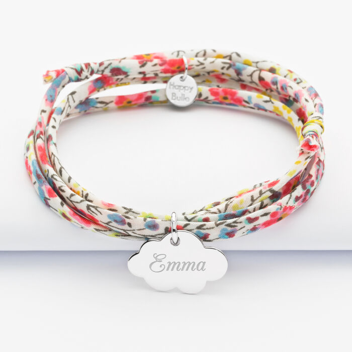Bracelet 3 tours Liberty personnalisé prénom médaille gravée argent nuage 20x14 mm - prénom 3