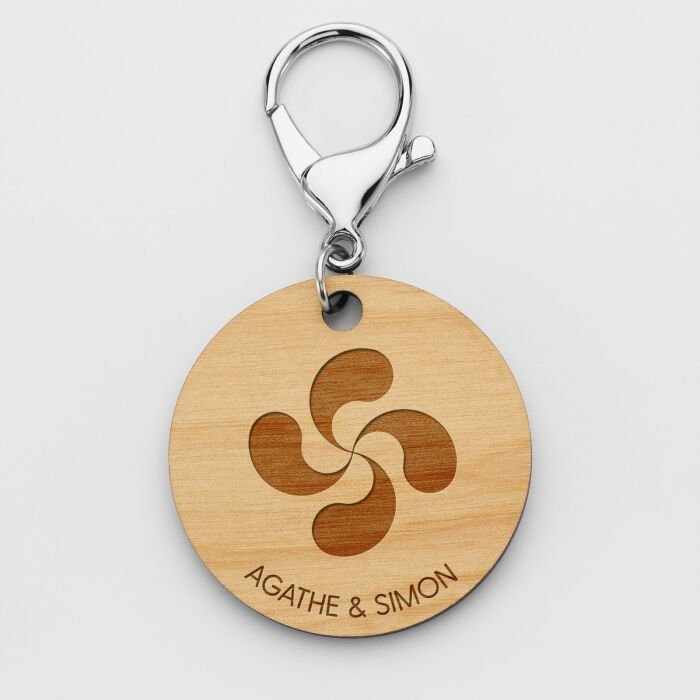 Porte-clés personnalisé "Blason Région" gravé bois médaille ronde 50 mm - pays basque