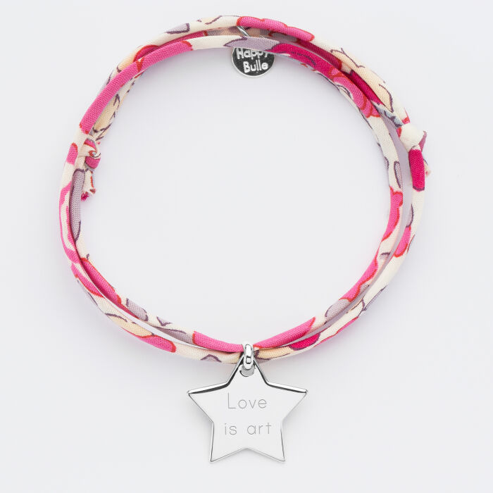 Bracelet 3 tours Liberty personnalisé prénom médaille gravée argent étoile 20x20 mm - texte