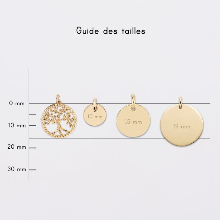 Breloque arbre de vie contour torsadé plaqué or 16 mm - guide des tailles médailles