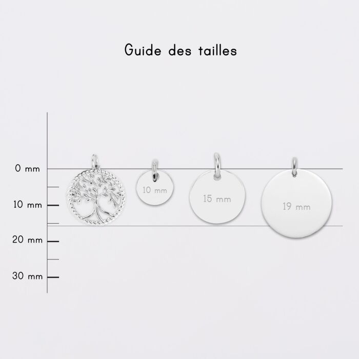 Breloque arbre de vie contour torsadé argent 16 mm - guide des tailles médailles