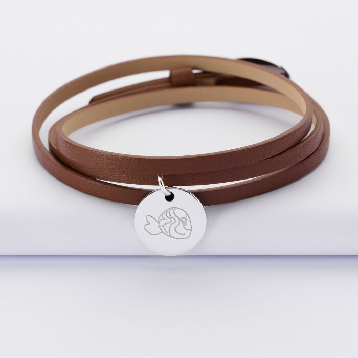 3 turn leather bracelet with personalised engraved silver medallion 15 mm - sketch