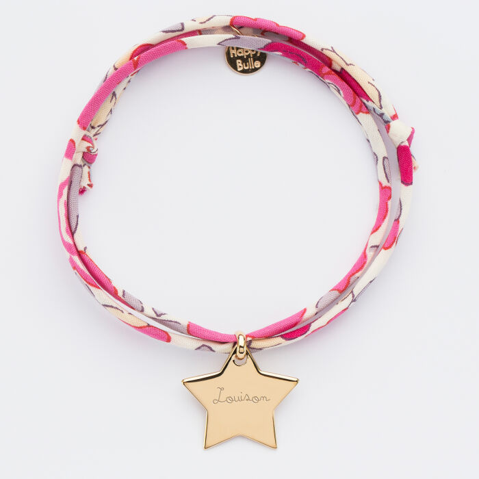 Bracelet 3 tours Liberty personnalisé prénom médaille gravée plaqué or étoile 20x20 mm - prénom 2