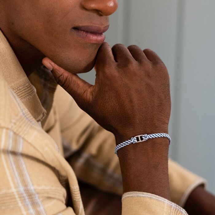 Bracelet homme cordon tressé double maille marine argent 15,4x9 mm - porté zoom