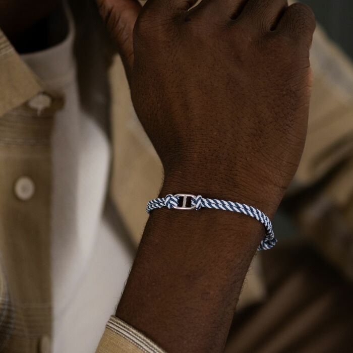 Bracelet homme cordon tressé double maille marine argent 15,4x9 mm - porté