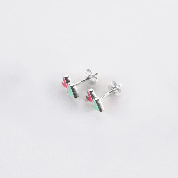 Boucles d'oreilles cœur émail bicolore argent - biais