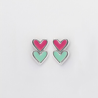 Boucles d'oreilles cœur émail bicolore argent