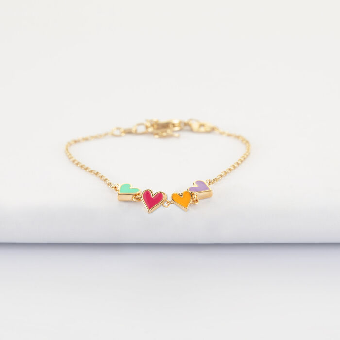 Bracelet chaîne enfant cœur email multicolore plaqué or