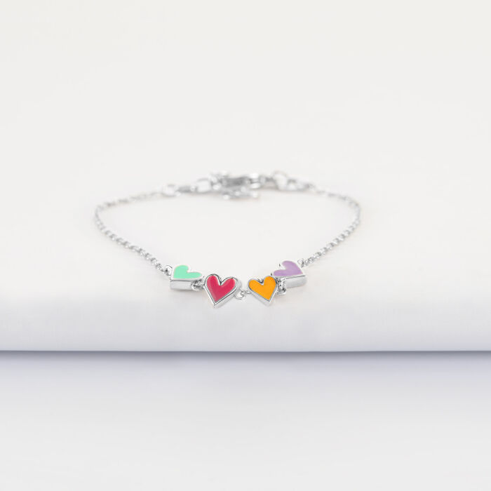 Bracelet chaîne enfant cœur email multicolore argent