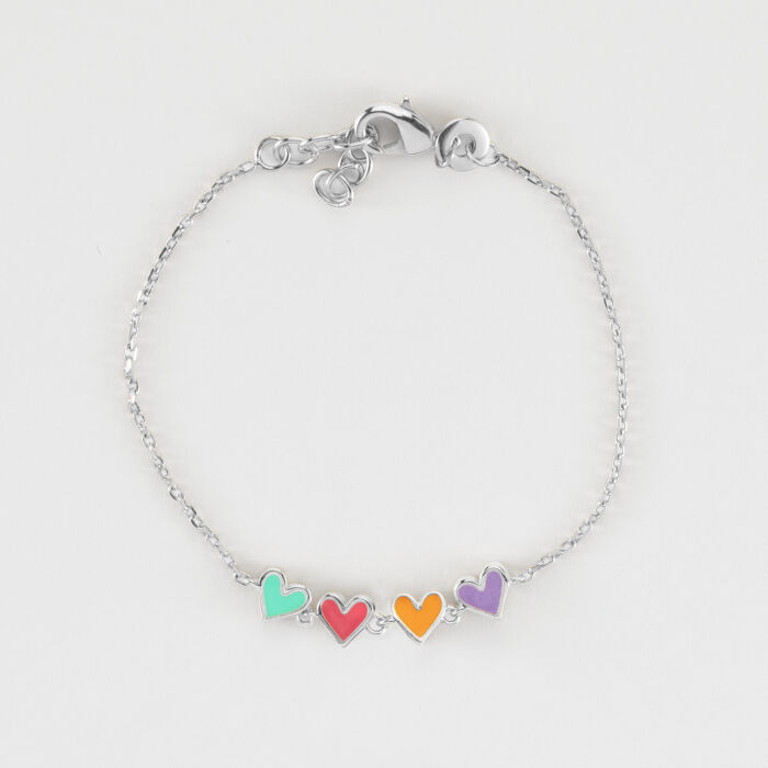 Bracelet chaîne enfant cœur email multicolore argent - plat
