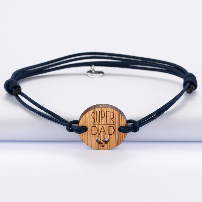 EN - Bracelet Papa homme médaille gravée bois ronde 21 mm - Edition spéciale "Super dad" - blue