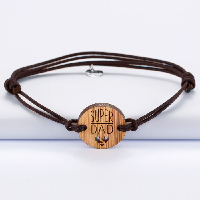 EN - Bracelet Papa homme médaille gravée bois ronde 21 mm - Edition spéciale "Super dad" - brown