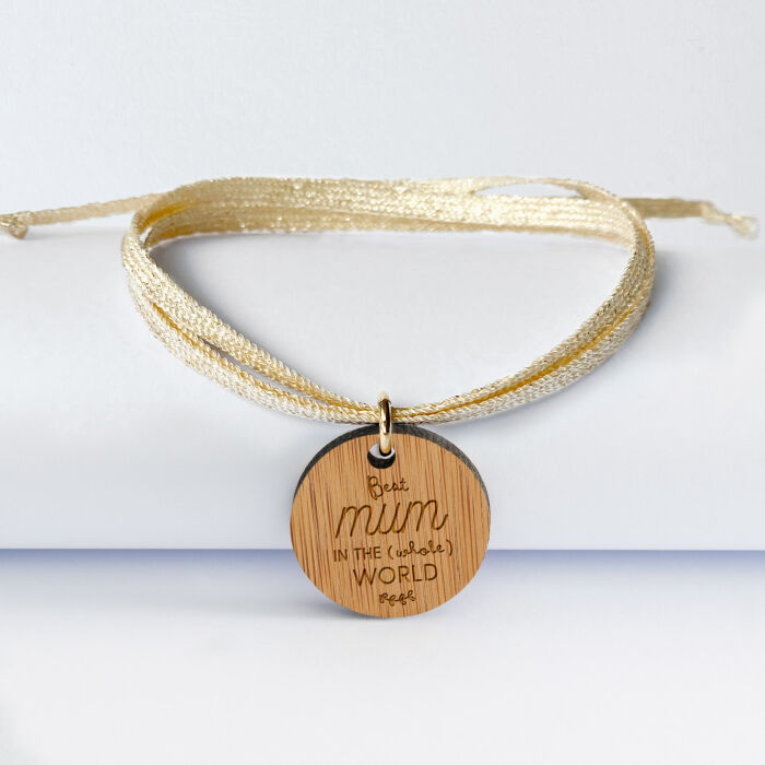 EN - Bracelet 3 tours médaille gravée bois dormeuse ronde 20 mm "Best Mum"