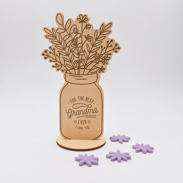 EN - Décoration bouquet de fleurs personnalisé bois gravé 16x9 cm - Edition spéciale "Best Grandma ever" - I love you