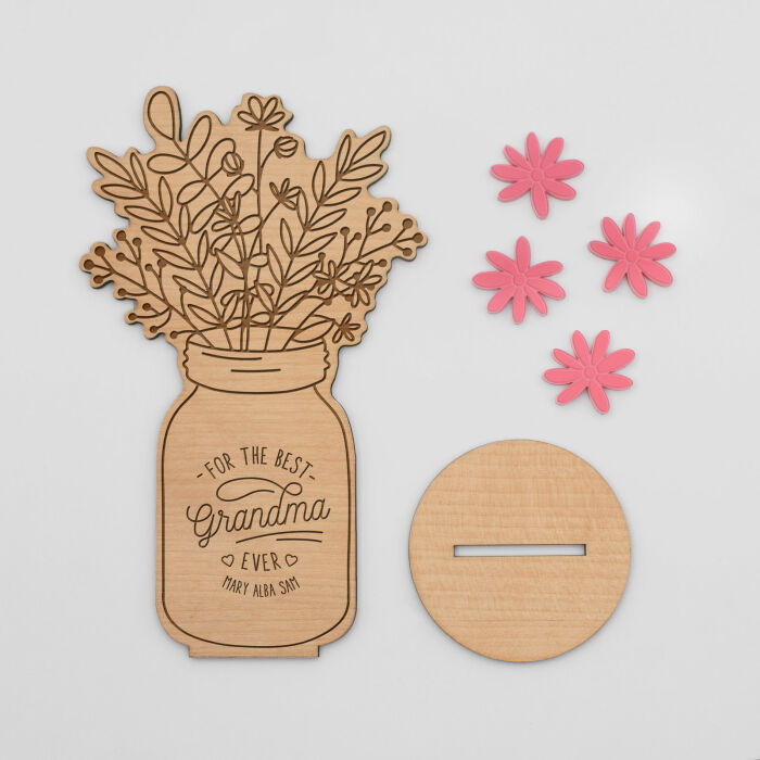 EN - Décoration bouquet de fleurs personnalisé bois gravé 16x9 cm - Edition spéciale "Best Grandma ever"