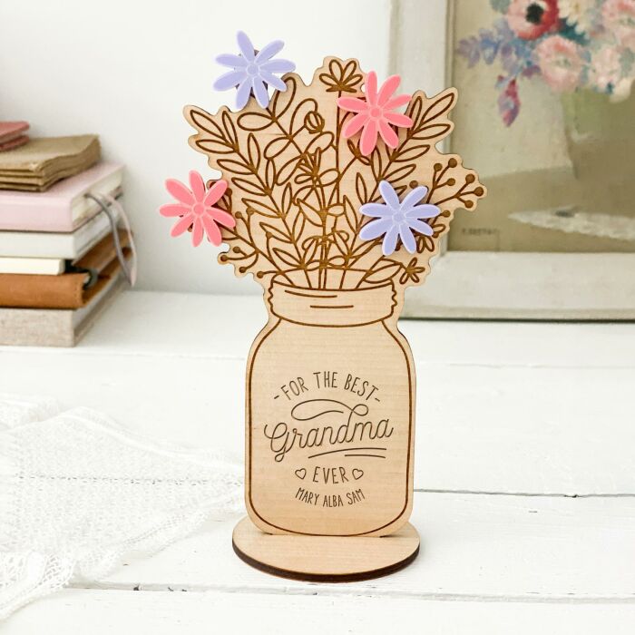 EN - Décoration bouquet de fleurs personnalisé bois gravé 16x9 cm - Edition spéciale "Best Grandma ever" - mood