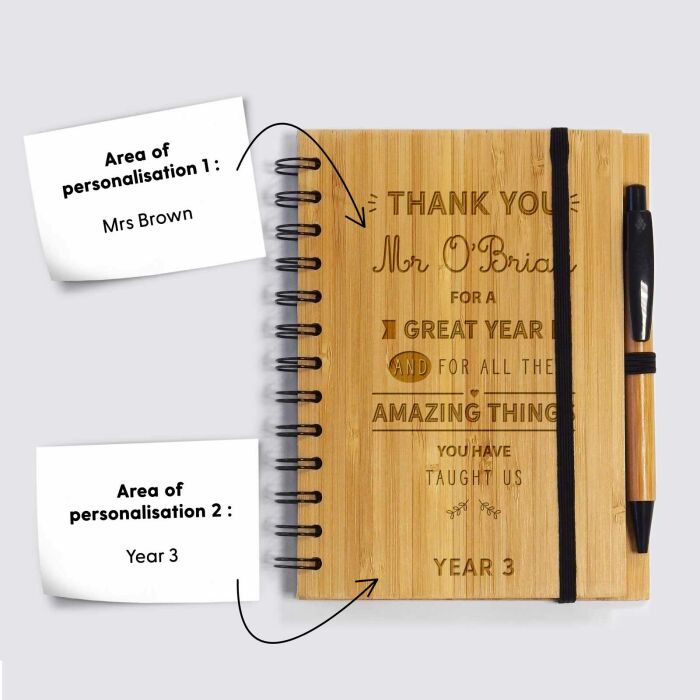 EN - Carnet bambou personnalisé 14,5x18 cm et stylo gravé -  "Thank you Teacher" - Year 3
