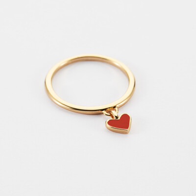 Bague coeur émail rouge plaqué or - biais