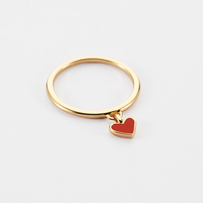 Bague coeur émail rouge plaqué or