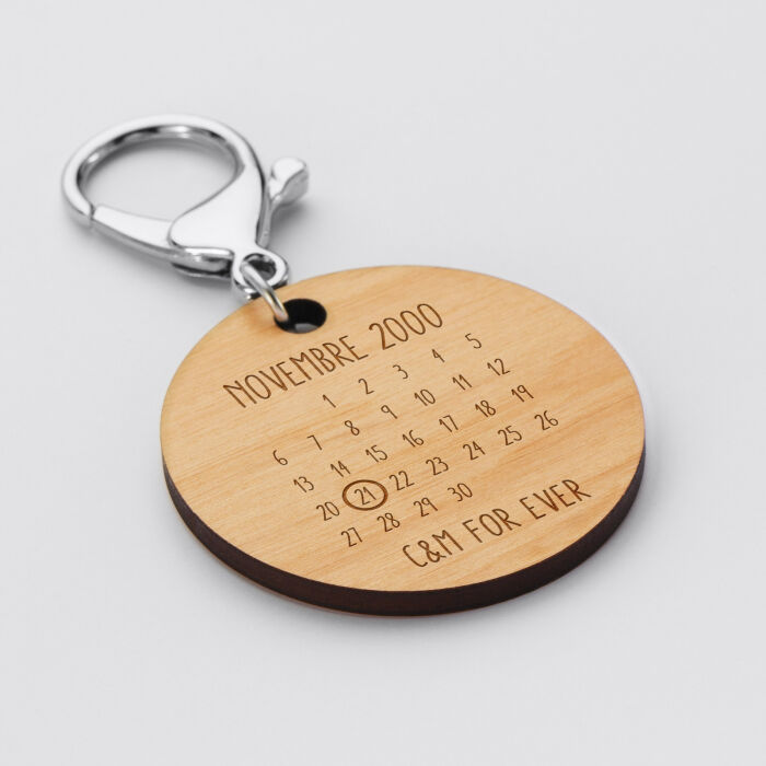 Porte-clés personnalisé calendrier médaille gravée bois - novembre 2000
