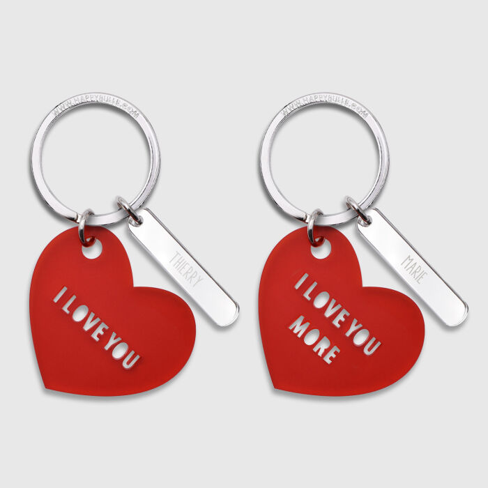 Duo de porte-clés personnalisés médailles coeur acrylique rouge et breloques miroir gravées 40x8 mm