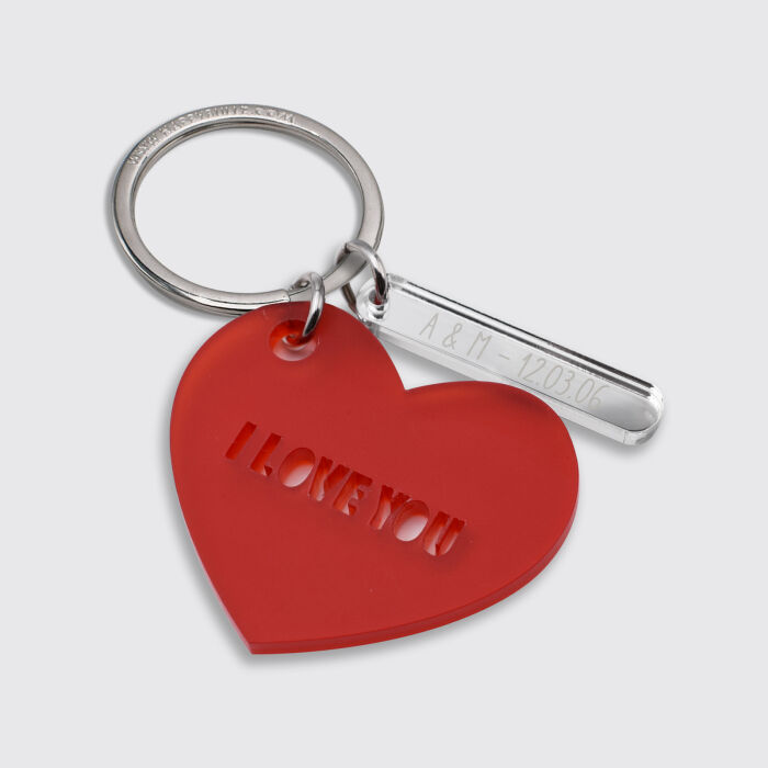 Duo de porte-clés personnalisés médailles coeur acrylique rouge et breloques miroir gravées 40x8 mm