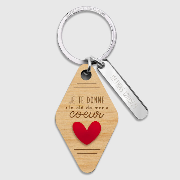Porte-clés personnalisé gravé bois médaille motel 60x35 mm et breloque acrylique miroir 40x8 mm - édition spéciale "la clé de mon cœur"