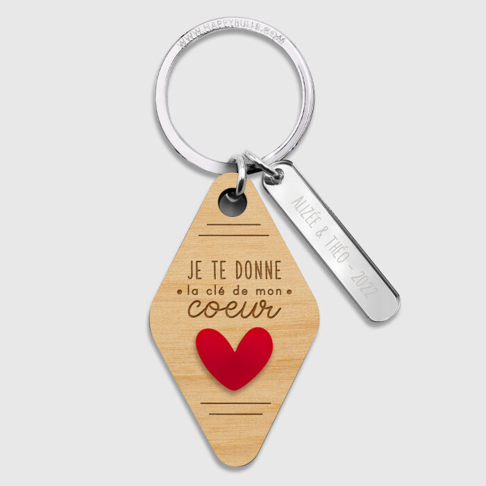 Porte-clés personnalisé gravé bois médaille motel 60x35 mm et breloque acrylique miroir 40x8 mm - édition spéciale "la clé de mon cœur"