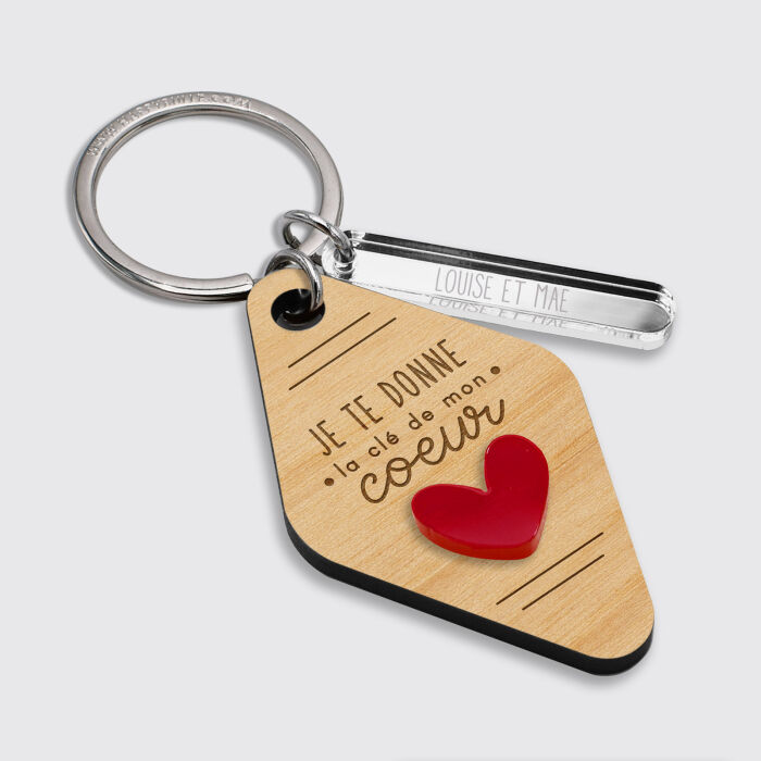Porte-clés personnalisé gravé bois médaille motel 60x35 mm et breloque acrylique miroir 40x8 mm - édition spéciale "la clé de mon cœur"