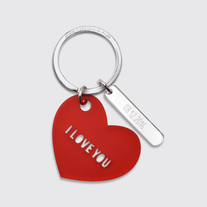 Porte-clés personnalisé médailles coeur acrylique rouge et breloque miroir gravée 40x8 mm