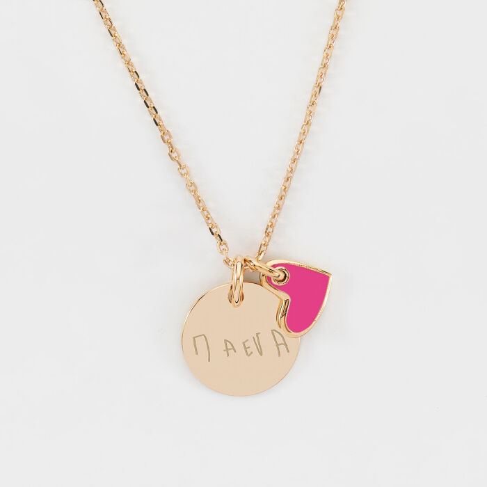 Pendentif enfant personnalisé médaille gravée plaqué or 15 mm et breloque coeur email blanc 10 mm