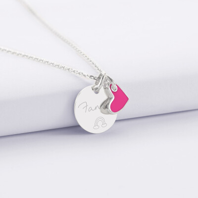 Pendentif enfant personnalisé médaille gravée argent 15 mm et breloque coeur email 10 mm