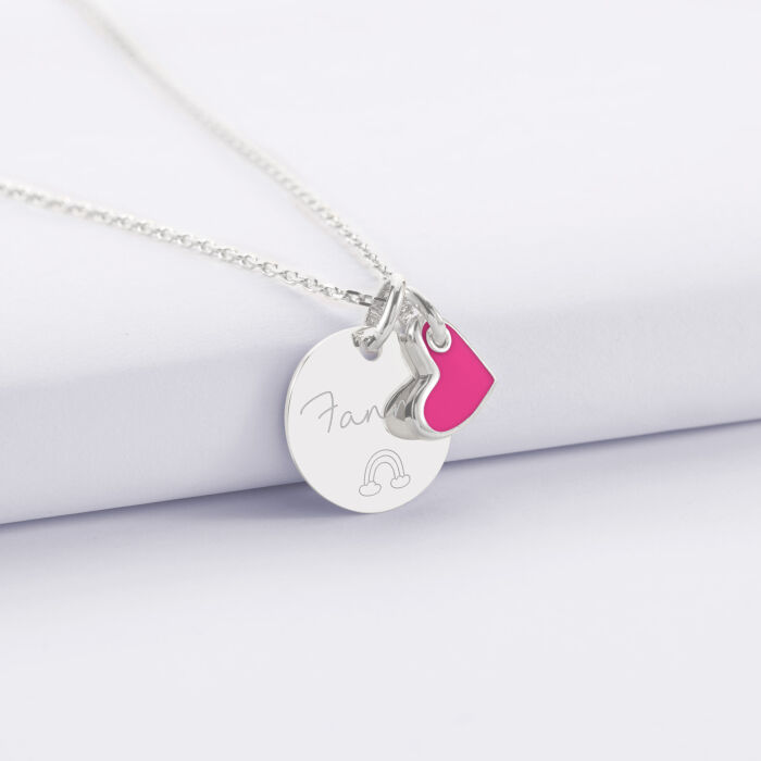 Children's Personalised Silver Engraved 15 mm Pendant with White Enamel Heart Charm