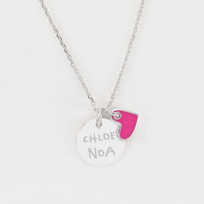 Pendentif enfant personnalisé médaille gravée argent 15 mm et breloque coeur email 10 mm