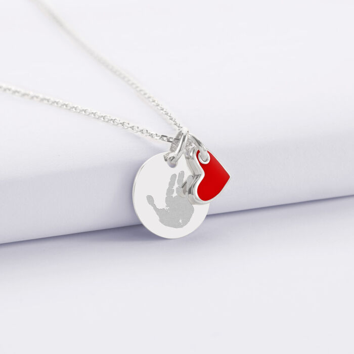 Pendentif enfant personnalisé médaille gravée argent 15 mm et breloque coeur email 10 mm