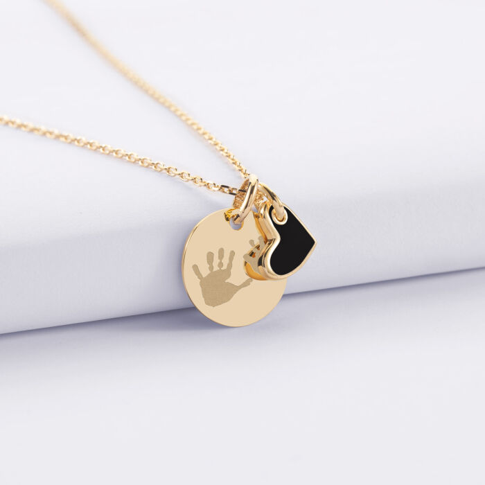 Pendentif personnalisé médaille gravée plaqué or 15 mm et breloque coeur email 10 mm