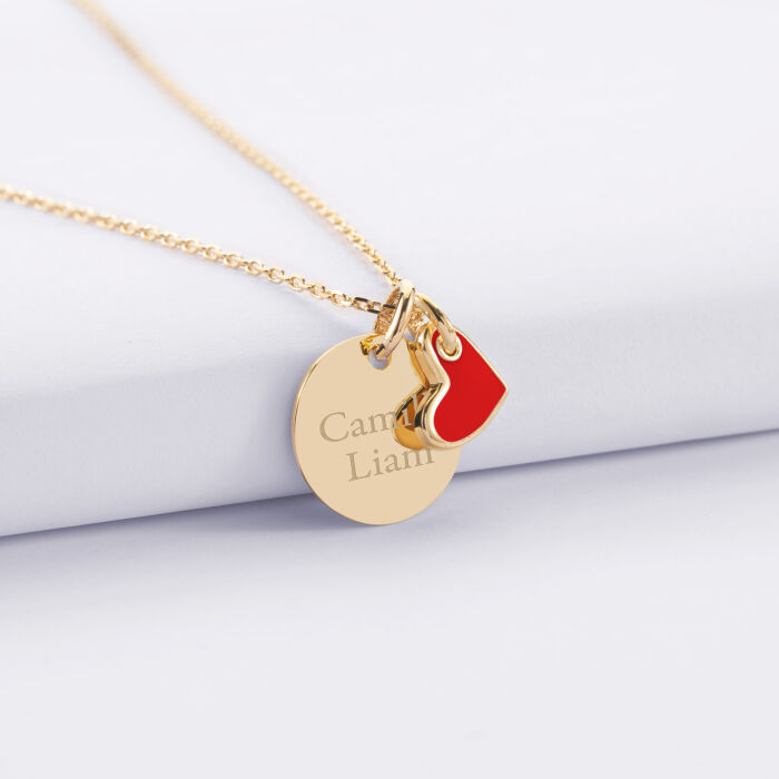 Personalised Gold-Plated Engraved 15 mm Pendant with White Enamel Heart Charm