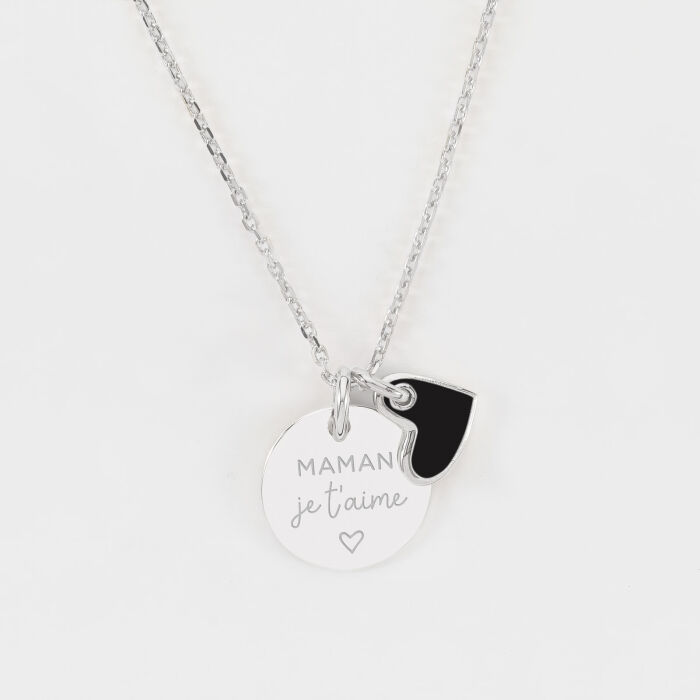 Personalised Silver Engraved 15 mm Pendant with White Enamel Heart Charm