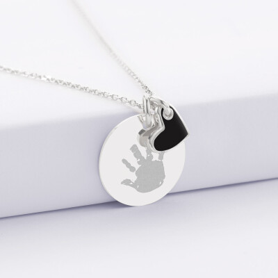 Pendentif personnalisé médaille gravée argent 19 mm et breloque coeur email 10 mm