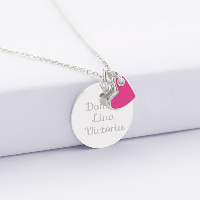 Pendentif personnalisé médaille gravée argent 19 mm et breloque coeur email 10 mm