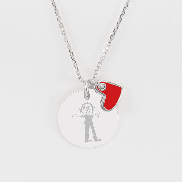 Pendentif personnalisé médaille gravée argent 19 mm et breloque coeur email 10 mm