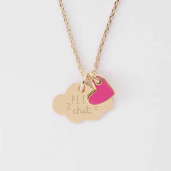 Pendentif enfant personnalisé médaille gravée plaqué or nuage 20x14 mm et breloque coeur email 10 mm