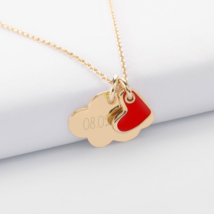 Children's Gold-Plated Engraved Personalised Cloud Pendant with White Enamel Heart Charm